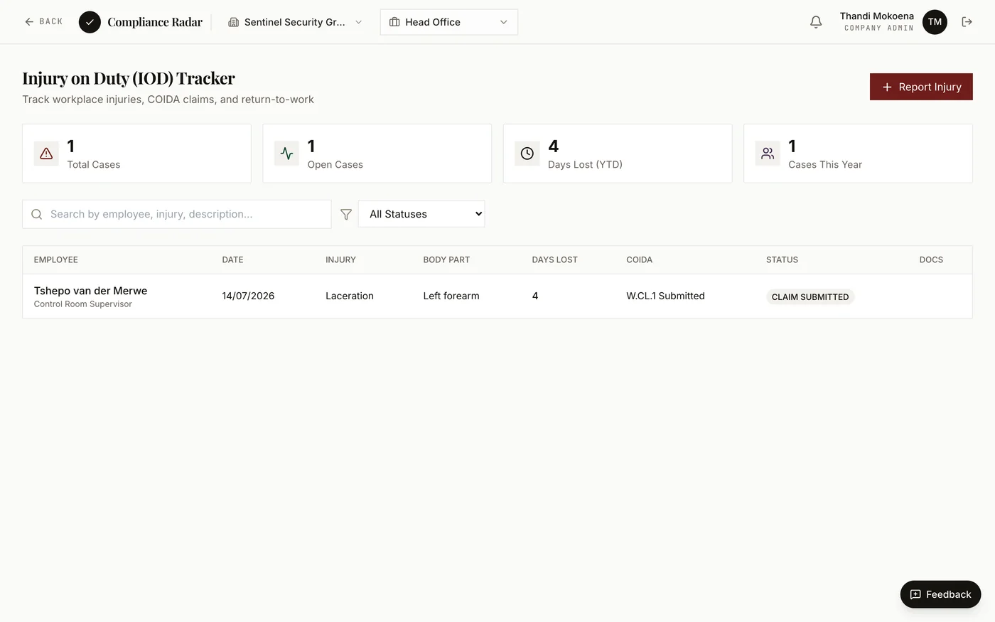 Injury-on-duty tracker